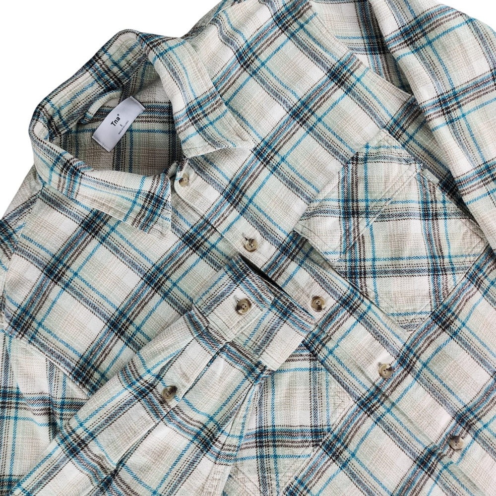 ARITZIA TNA Plaid Oversized Shirt Women S Cream Blue Fiona Button Up Shacket
